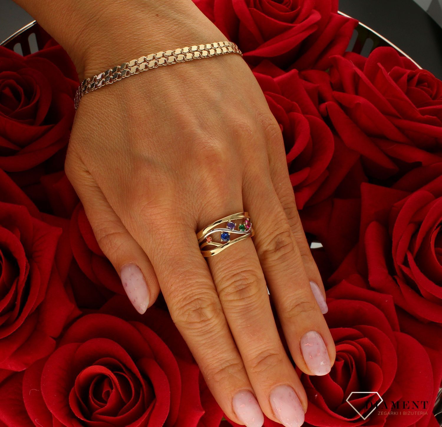 Pierścionek damski złoty szeroki kolorowe cyrkonie próba 375 PI 6087 375. Złota biżuteria na prezent. Pierścionki złote na preze (2).jpg